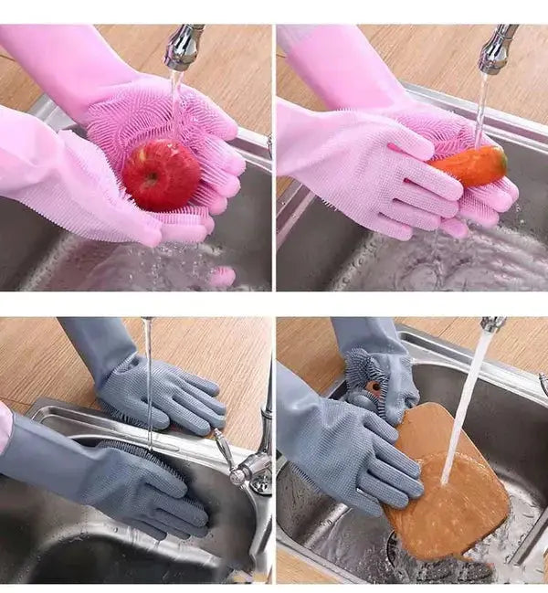 Magic Reusable Silicone Gloves with Wash Scrubber, Heat Resistant, for Cleaning, Household, Dish Washing, Washing the Car IVY MART