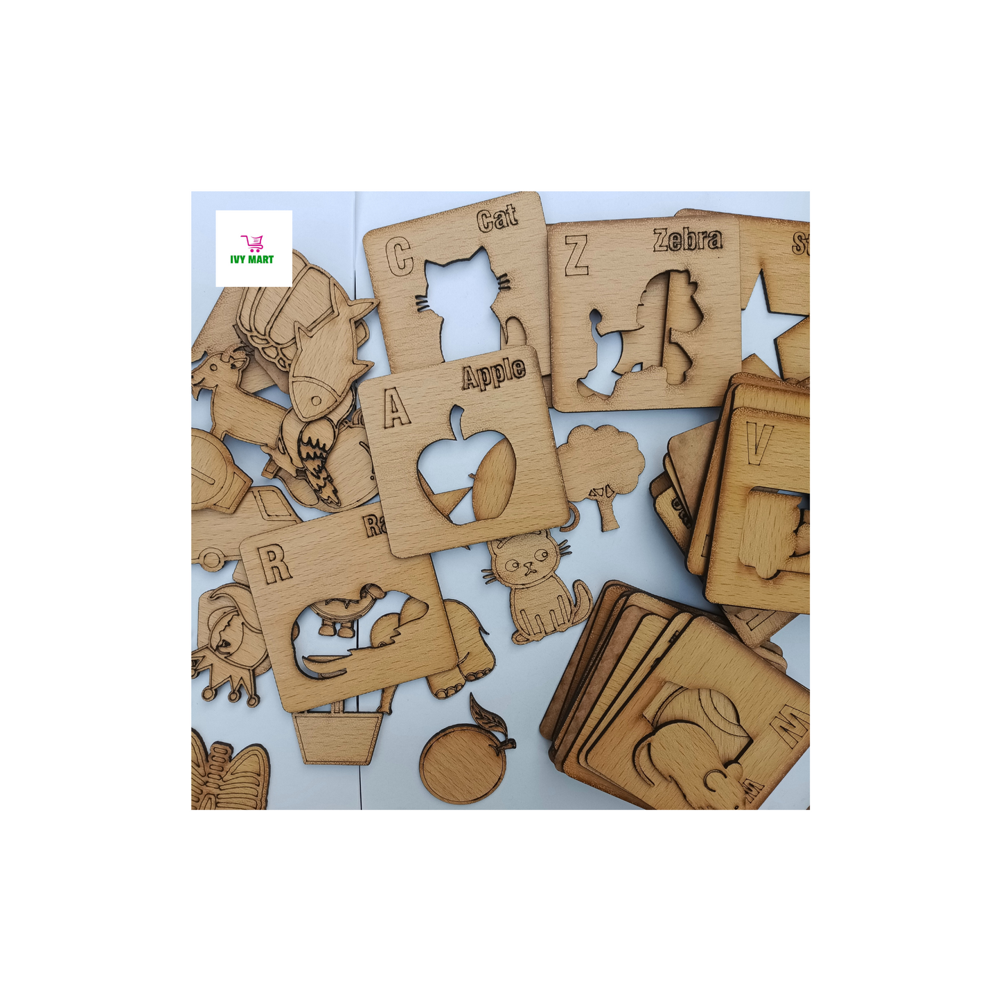 Wooden ABC Alphabet Stencils Set Drawing+Puzzle-52 Pieces