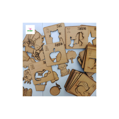 Wooden ABC Alphabet Stencils Set Drawing+Puzzle-52 Pieces