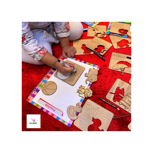 Wooden ABC Alphabet Stencils Set Drawing+Puzzle-52 Pieces